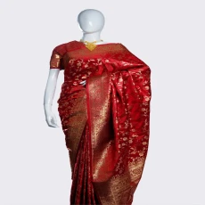 Pure Handloom Shikargah Allover Deep Red Maroon Satin Silk Banarasi Saree with Gorgeous Blouse Piece