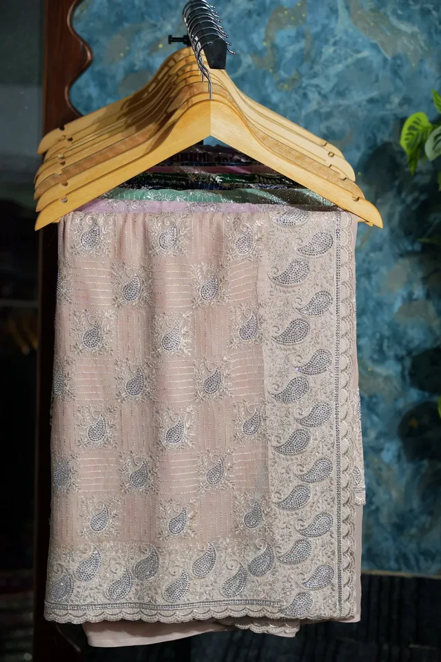 Golden Premium Soft Chiffon Georgette Top Notch Quality Stone Work Party Wear Saree