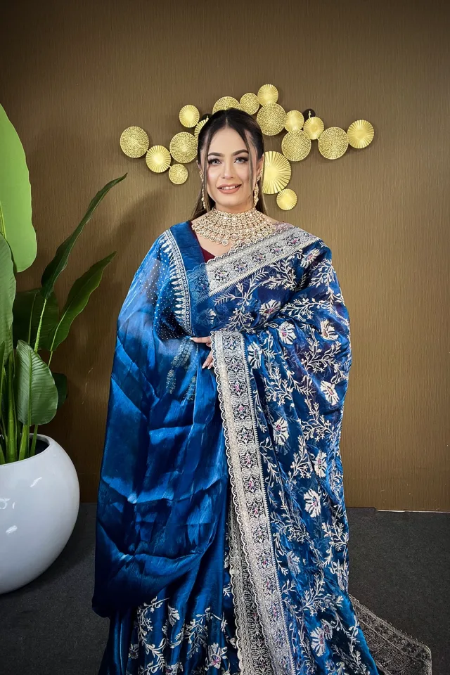 Teal Blue jemi Chu Georgette Siroski Stone party Saree