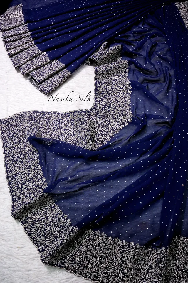 Blue Silk Blend Saree with premium Embroidery Glass Stone