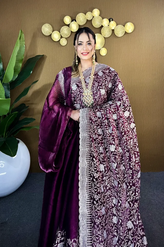 Deep Wine Silver Grace – Premium High Grade Stone Saree ✨