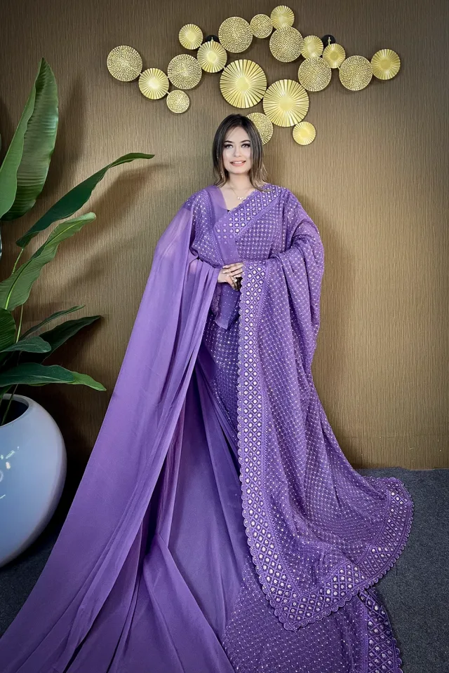 Lavender Silver Diamond Soft Chiffon Georgette Saree