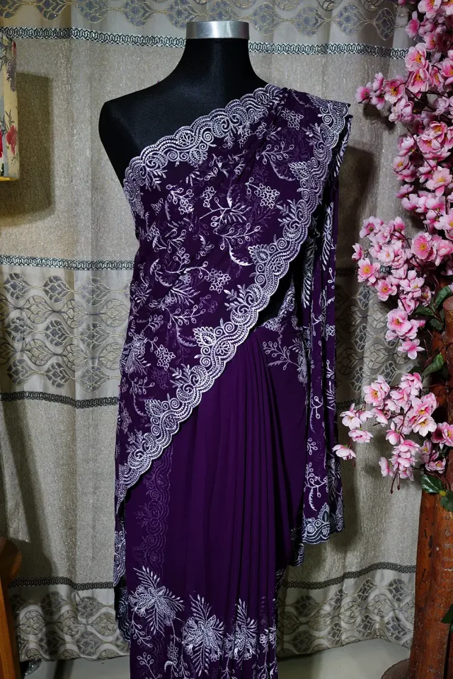 Wine Sarwaski Stone Silk Blend Saree with Embroidery