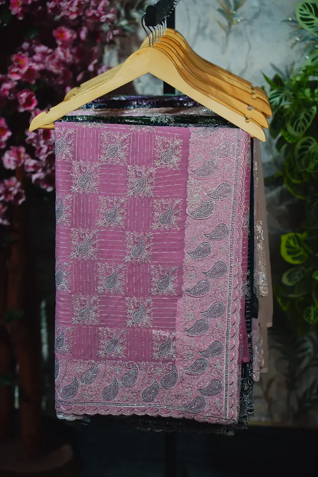 Pink Premium Soft Chiffon Georgette Top Notch Quality Stone Work Party Wear Saree