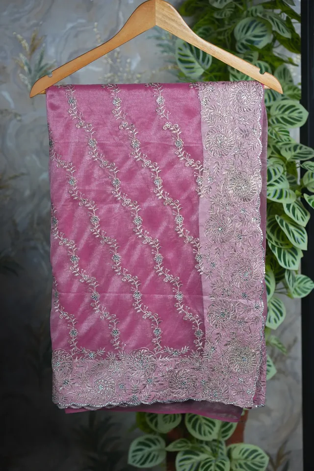 Pink Soft Seemari Muslin Golden Jari Embroidery Work  Zoxin Stone Work Saree