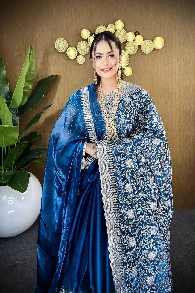 Teal-Blue-Silver-Grace-High-Grade-Stone-Saree