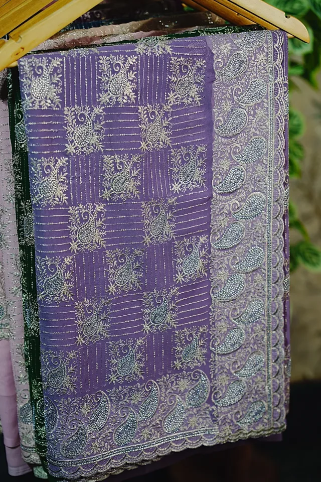Lavender Premium Soft Chiffon Georgette Top Notch Quality Stone Work Party Wear Saree