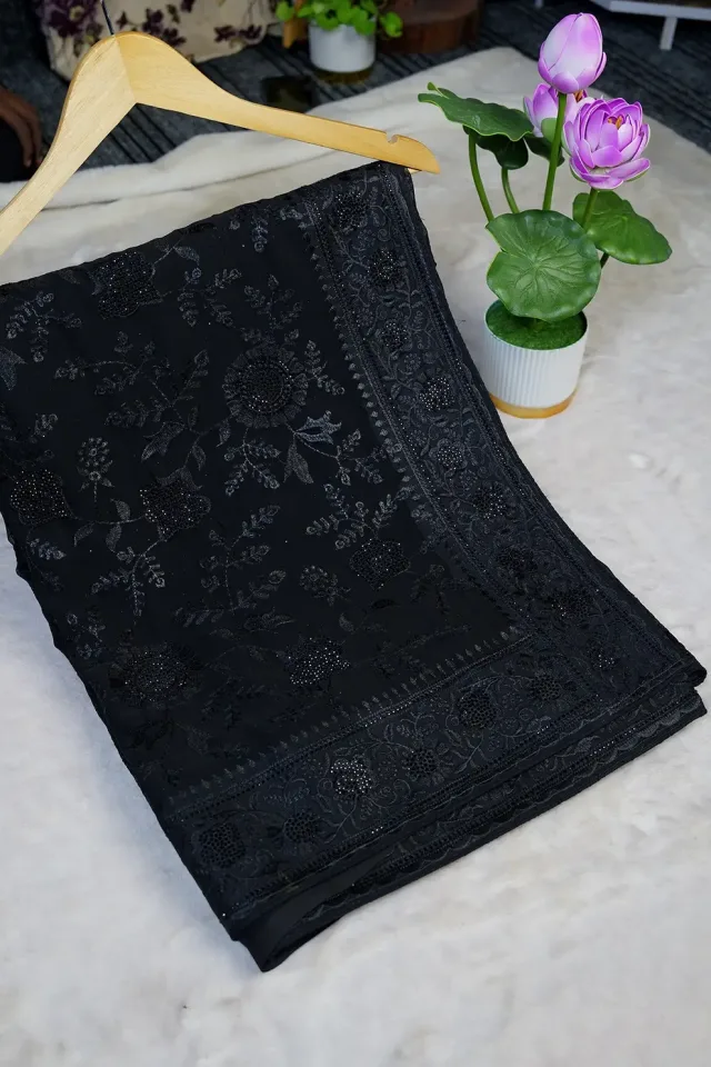 Black Glass Stone Work Chiffon Saree – Top Notch Premium Party Wear