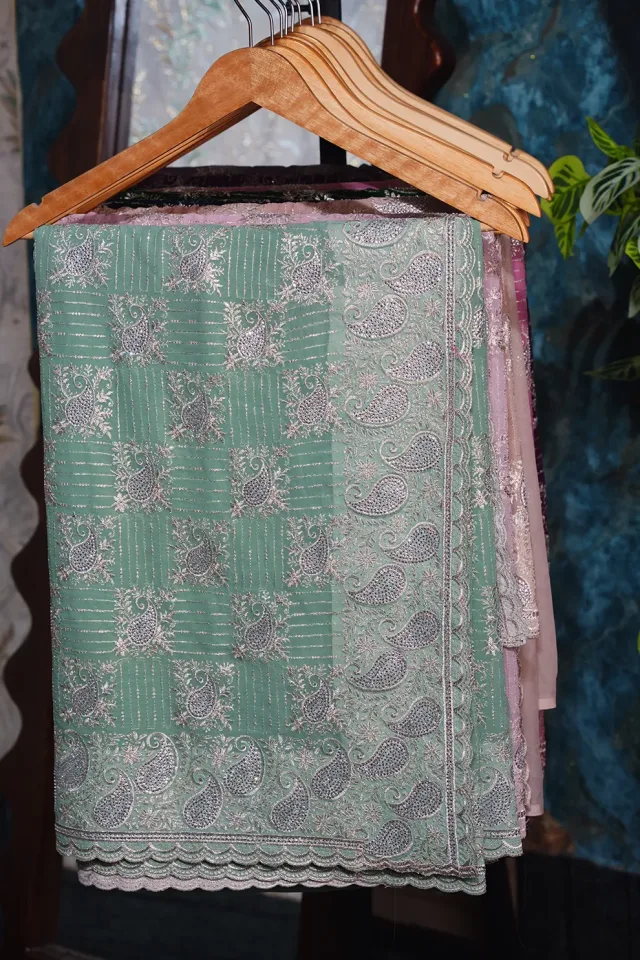 Pesta-green Premium Soft Chiffon Georgette Top Notch Quality Stone Work Party Wear Saree
