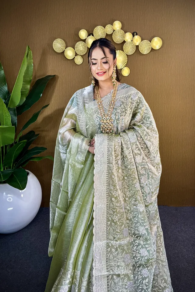 Mint Green Silver Grace – Premium High Grade Stone Saree ✨