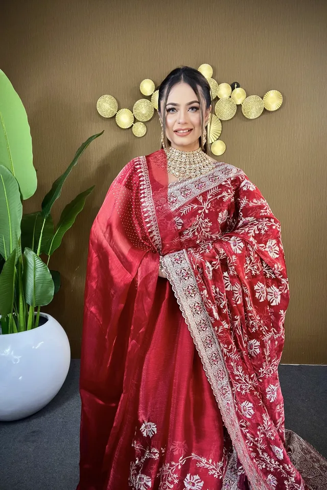 Red jemi Chu Georgette Siroski Stone party Saree