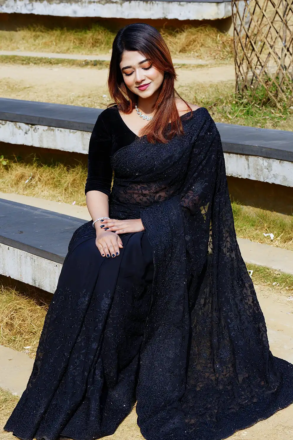 Jet Black Chiffon mix silk blend Georgette Embroidery Party Saree