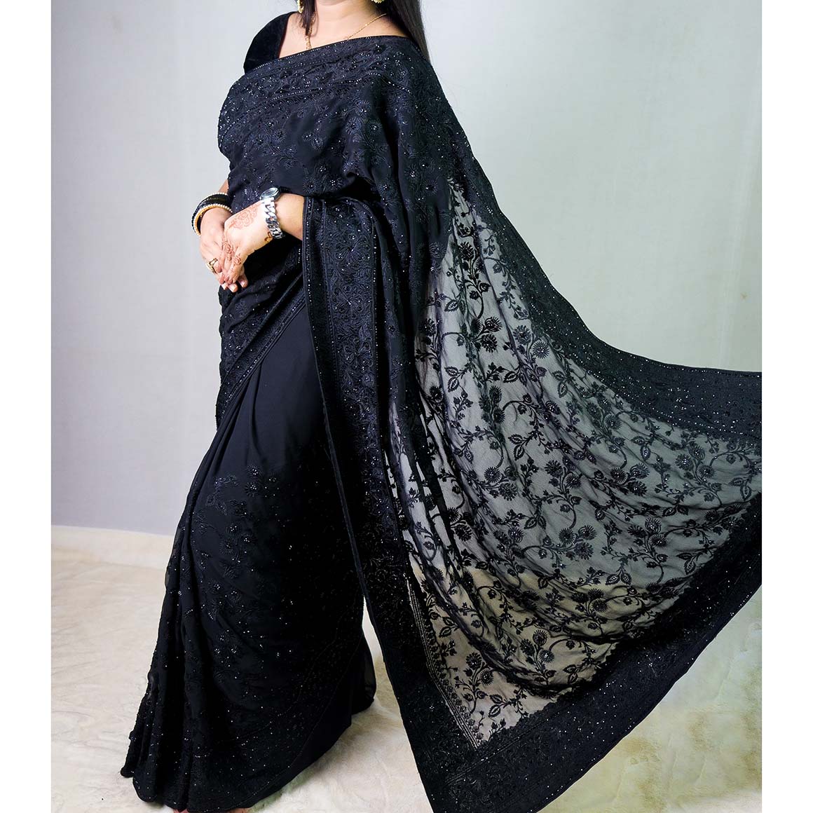 Black Soft Chiffon Georgette Saree with Elegant Stone & Embroidery Work