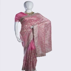 Hot Pink Soft Seemari Muslin Saree with Siroski Stone & Benaroshi Motif Jari Embroidery Work