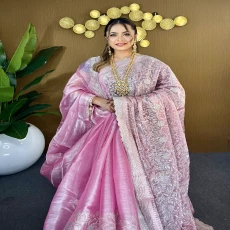 Powder Pink Silver Grace – Premium High Grade Stone Saree ✨
