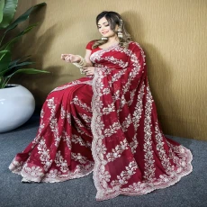 Red -Maroon High quality Siroski Glass Stone Silk Blend Mixed Chiffon Georgette Saree