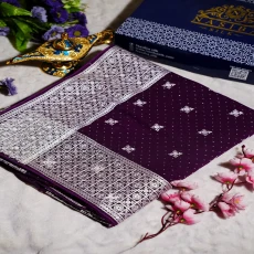 Wine Purple Silk Blend Saree with premium Embroidery Glass Stone