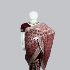 Maroon Soft Seemari Muslin Saree with Siroski Stone & Benaroshi Motif Jari Embroidery Work
