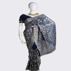 dark Blue Soft Seemari Muslin Saree with Siroski Stone & Benaroshi Motif Jari Embroidery Work