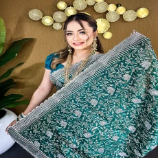 Forest Green Silver Grace – Premium High Grade Stone Saree ✨