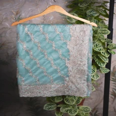 light Sky Soft Seemari Muslin Golden Jari Embroidery Work  Zoxin Stone Work Saree