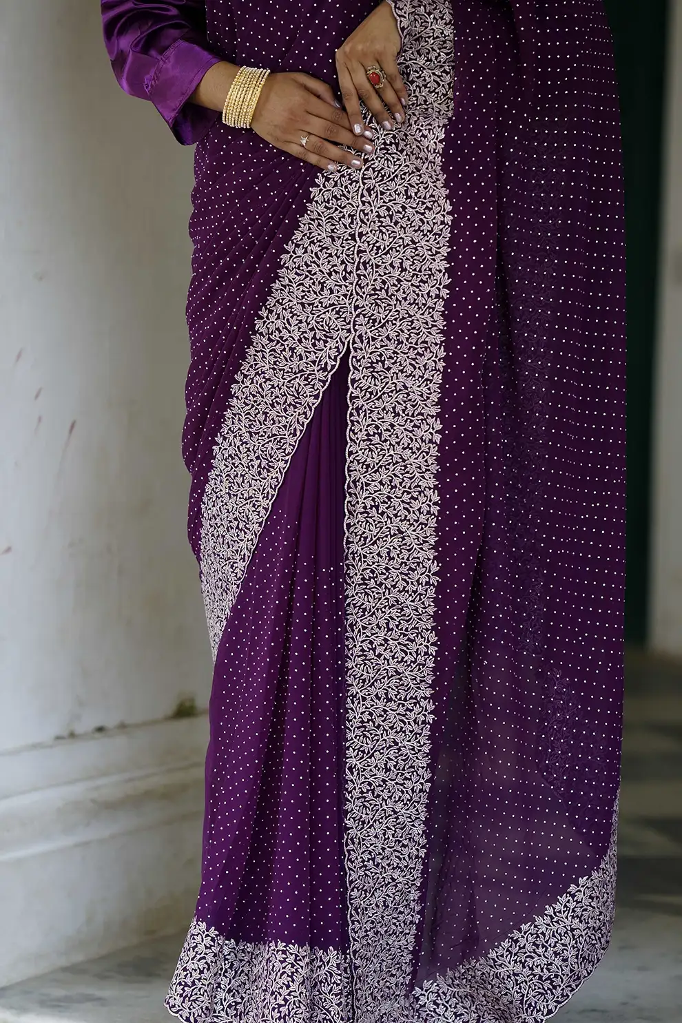 Wine Purple Silver Siroski Glass Stone Silk Blend Mixed Chiffon Georgette Saree